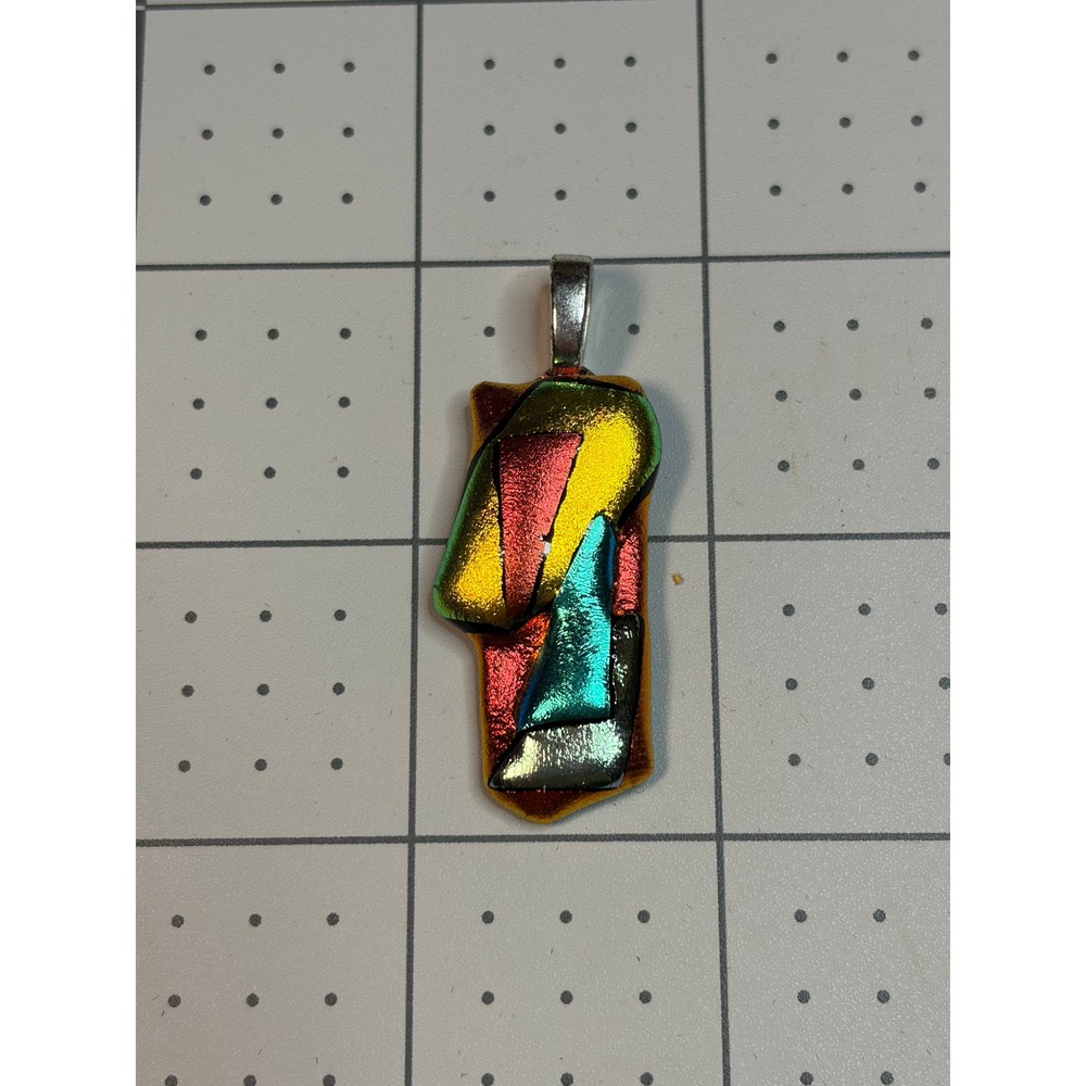 Renee Wright Signed Dichroic Glass Pendant Multicolor Geometric Artisan Jewelry